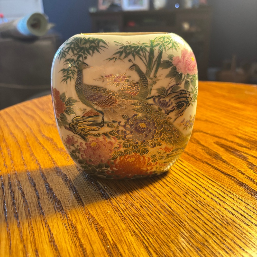 Toyo Japan Green Peacock Ceramic Vase Gold Gilt Floral Porcelain Flattened Ovoid